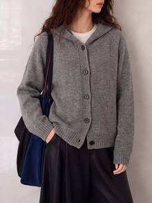 Women's Autumn/Winter Minimalist Versatile Hooded Sweater Jacket Fall - Grey - View 4
