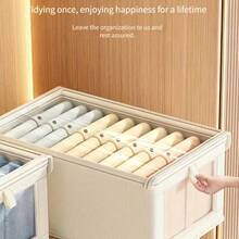 1Pc Foldable Woven Fabric Storage Bin With Flip Lid & Clear Mesh Window, Dustproof Clothes Organizer Box With Side Handle, Breathable See-Through Container For Fast Item Identification, Stackable Closet & Wardrobe Storage Holder For Shirts Pants Line,Bedroom Room Decor,Back To School - Beige - View 2