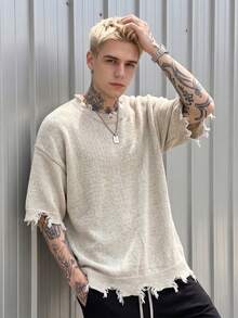 BLACKTOEXIT Men's Knitted Short Sleeve Crew Neck Loose Drop Shoulder American Street Style Distressed Raw Edge Fringe Solid Color Vintage Knit T-Shirt Spring - Apricot - View 1