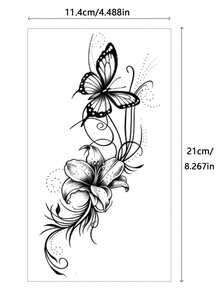 2張描百合蝴蝶臨時紋身貼紙，防水持久花卉身體藝術貼紙，復古逼真墨水紋身貼花，適用手臂、腰部、背部，女性女孩派對配件 - 黑色 - 查看 8