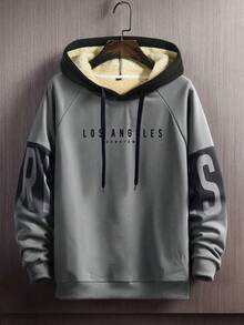 Men's Autumn/Winter Casual Warm Fleece Thick Hooded Colorblock Sweatshirt - Dark Grey - View 2