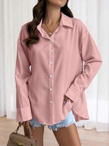Women's Basic Long Sleeve Woven Shirt, Asymmetric Hem, Classic Collar, Non-Stretch Fabric Top - Pink - View 4