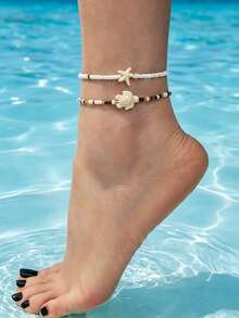2pcs Bohemian Style Summer Starfish & Turtle Seed Bead Elastic Anklets, Suitable For Beach Vacation, Party Gathering - Multicolor - View 20
