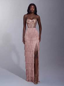 Elegant Heart-Neckline Tassel Evening Dress, Sequin Embellished Bodice, High Thigh Slit, Suitable For Photography, Formal Dinner, Ball - Champagne - View 4