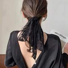 1pc New Cat Eye Pendant Lace Trim Silk Scarf Women Spring Autumn Summer Fashion Versatile Long Hollow Out Decorative Headband - Multicolor - View 4