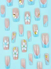24 piezas de uñas postizas tipo press-on de longitud media con diseño de manicura francesa 3D azul claro efecto ondas de agua, adornadas con caracolas, flores, conchas y perlas, estilo fresco y elegante, ideales para niñas y mujeres en vacaciones de verano en la playa y citas diarias - Multicolor - Ver 3