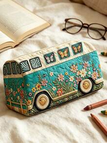 Campus Style Bus Forest Butterfly Pattern Pencil Case/Stationery Storage Bag - Multi-Functional Large Capacity Design, Can Be Used To Store Office Supplies, Creative Multi-Functional Pen Box Or Portable Travel Makeup Bag, Suitable For Students And Adults Daily Use, Meets Stationery Storage, Daily Organization, Overnight Travel, Vacation And Gym Storage Needs, Back To School Dorm Essential (2D Pattern, Not Embroidered) - Multicolor - View 3