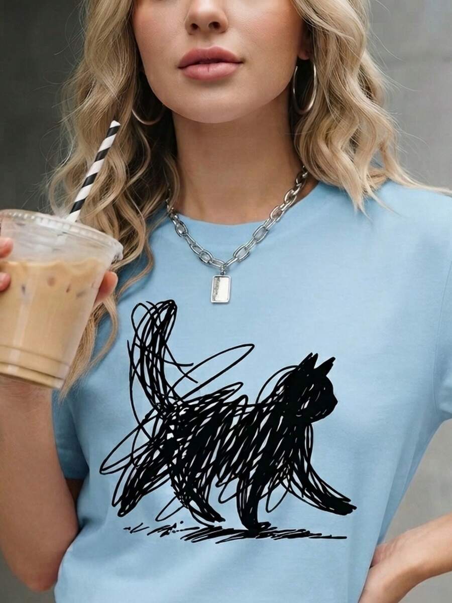 Camiseta Moderna Feminina Unissex Estampada Gato Rabiscado Tecido Premium Manga Curta Camisa Gola Redonda 100 % Algodão - Azul bebê - Visão 1