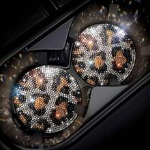 Tatakan Gelas Mobil Motif Leopard Berkilau dengan Rhinestone, Tatakan Minuman Berkilau 2,75 Inci, Aksesori Dekorasi Interior Kendaraan, Tahan Noda - A - View 1