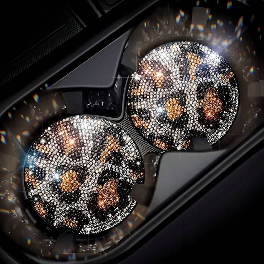Tatakan Gelas Mobil Motif Leopard Berkilau dengan Rhinestone, Tatakan Minuman Berkilau 2,75 Inci, Aksesori Dekorasi Interior Kendaraan, Tahan Noda - A - View 1