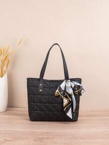 1pc Scarf Decor Quilted Diamond Embroidered Large Capacity Lightweight Versatile Commuter Scarf Tote Bag - Black - View 3