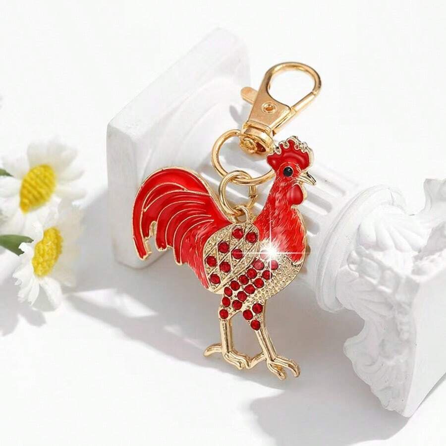 Lucky Golden Rooster Keychain, Red Rhinestone Rooster Pendant, New Year Festive Gift, Bag Accessory - Red - View 1