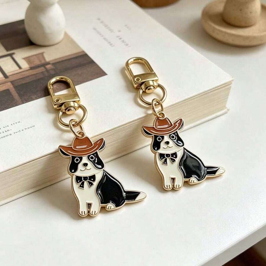 Cartoon Cowboy Puppy Single Pendant Keychain, Cute Border Collie Enamel Key Chain Wearing Cowboy Hat And Bowtie, Compact Holiday Commemorative Gift For Pet Lovers, Western Style Wallet Accessory, Party Favor For Animal Lovers - Multicolor - View 1