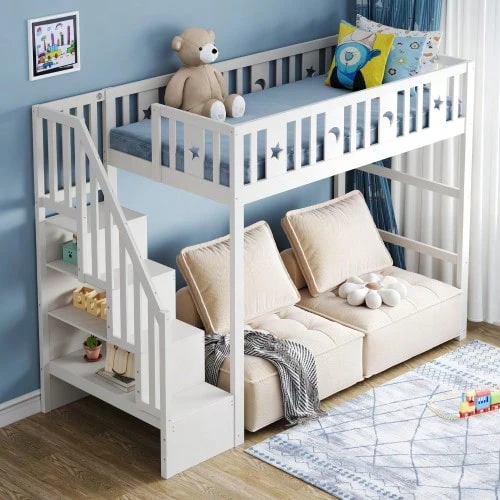 Kids' Bunk Bed 90*200 With Stairs, Solid Wood Loft Bed - White - View 1