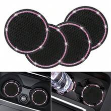 2pcs Car Cup Holder Coasters, Round Pink Rhinestone Decor, Non-Slip Silicone Cup Coasters - Diamond-studded Car Coasters - View 3