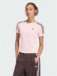 Adidas Originals Striped Logo Crew Neck Slim Fit Cropped T-Shirt Women's Pink - Pink - View 1