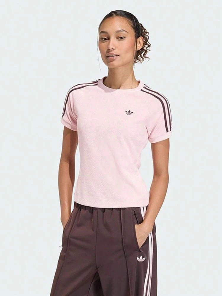 Adidas Originals Striped Logo Crew Neck Slim Fit Cropped T-Shirt Women's Pink - Pink - View 1