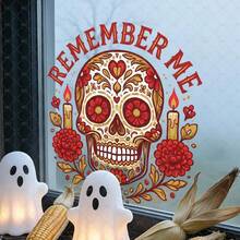 1pc Vintage Style Decorative Sugar Skull Window Sticker With Flowers Candles Leaves Arched Lucky Bones Text Centered Framed By Symmetrical Floral Vines Clear Vinyl Self-Adhesive Removable Easy Peel Stick For Glass Halloween Decoration - Multicolor - View 12
