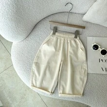 男童夏季時尚百搭休閒褲，輕量薄款彈性腰舒適戶外運動休閒九分褲 - 奶油色 - 查看 1