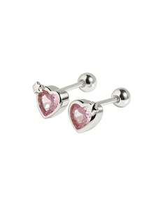 1 Pair 925 Sterling Silver Hypoallergenic Heart-Shaped Stud Earrings, Cute And Playful, Inlaid With Pink Cubic Zirconia, Spiral Backing For Secure Fit, Exquisite And Adorable, Gift Box Included, Suitable For Daily Or Holiday Wear, Gift For Girls, Gift For Girl, Gift For Friends, Gift For Back To School, Holiday Gift - one-size - View 10