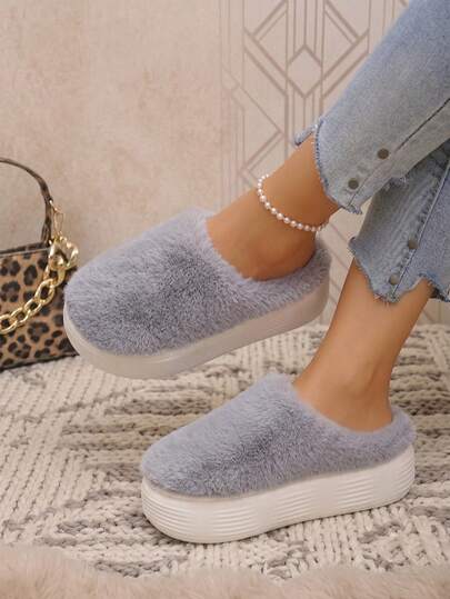 Women's 36-41 Size Solid Color Cute Casual Fabric Fuzzy Thermal Lined Grey Plush Closed Toe Thick Sole Warm Winter House Slippers