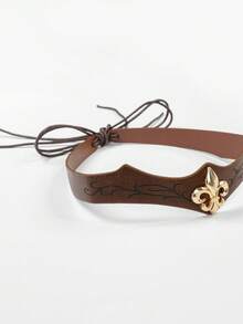 1pc Medieval Vintage Embossed PU Leather Headband Crown, Gold-Plated Iris Flower Emblem, Adjustable Tie Head Circumference, Suitable For Halloween Cosplay, Renaissance Viking Market LARP Costume Accessory - A - View 5