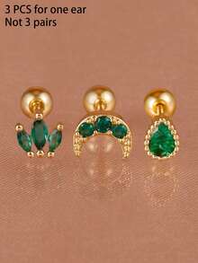 3PCS Women's Fashion Stainless Steel Green Waterdrop Moon Shaped Zirconia Small Stud Earrings Set Outdoor Travel Carnival Party Dressing Gifts - 2-gold-3PCS - View 4