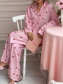 2-Piece Women's Loose, Comfortable, Breathable Long-Sleeved Shirt + Pants Cute Pajama Set - Hot Pink - View 5