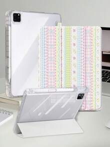 粉綠格紋花卉拼接平板保護殼，相容 iPad Mini6/Mini7/Air/Air2/9.7/10.2/10.5/10.9 (Air4-Air8)/Pro 11/10th Gen/A16/Pro 11 2024 機型，彩繪圖案平板套，透明壓克力背殼，三折支架，睡眠/喚醒，內置筆槽，不含筆，部分機型附相機框 - 彩色 - 查看 2