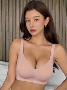 DAZY 女士纯色全罩杯无缝无钢圈加厚文胸，舒适柔软，带可拆卸胸垫，基础款运动风 - 粉色 - 查看 3