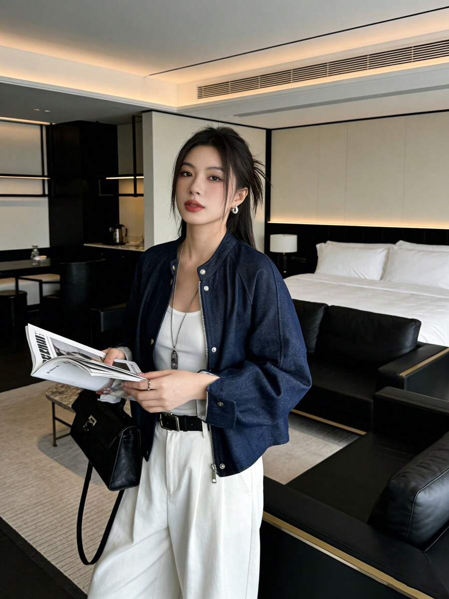 Korean Style Vintage Denim Jacket Zipper Top, College Home Daily Wear, Spring Autumn - Navy Blue - View 1