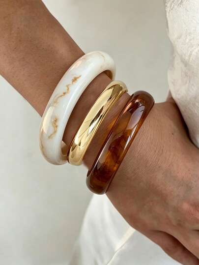 3pcs Vintage Thick Multi-Layer Brown & Beige Acrylic Resin Bracelets Suitable For Women's Daily Wear