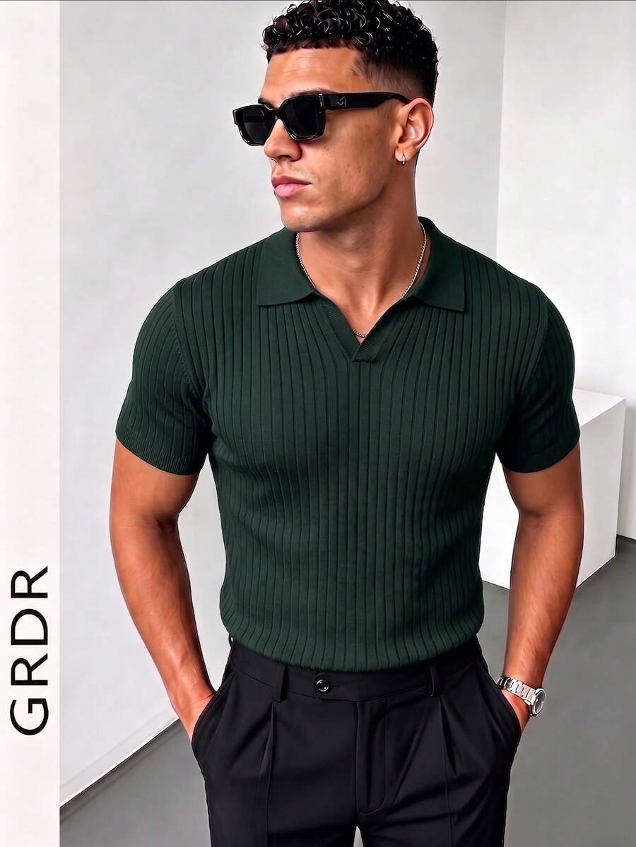GRDR 男士夏季纯色 Polo 领短袖针织衫，适合夏季外出穿着，时尚造型必备单品