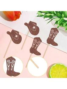 12pcs Western Cowboy Boot & Hat Glitter Cupcake Toppers, Country Cowboy Theme Cupcake Picks, Suitable For Rodeo Birthday Party Decor - Cowboy - View 5