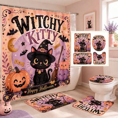 1 pièce/4 pièces Ensemble de rideau de douche style fille Halloween chat noir citrouille multifonction, 12 crochets gratuits, ambiance de fête premium, tapis de salle de bain, tapis de sol en forme de U et couvercle de toilette rond, convient pour toutes les occasions de décoration, ensemble de salle de bain