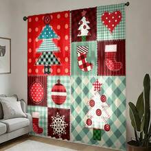 2pcs Christmas Style Fabric Patchwork Semi-Blackout Bedroom Curtains, 90GSM Polyester Semi-Sheer Privacy Protection, Christmas Style Living Room Curtains, Kitchen Curtains, Suitable For Home, Room, Kitchen Partition Or Decoration, Rod Pocket Design Easy Installation, Quick Dry, Water-Resistant, Non-Fading, Lightweight Removable Washable Curtains - Multicolor - View 9