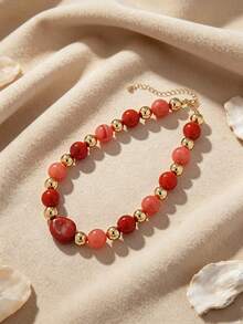 1pc Exaggerated Resin Red Round Beads Asymmetrical Faux Stone Choker Necklace Women's Beaded Collarbone Chain - Bead Necklace - View 2