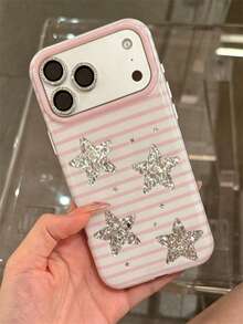 可愛亮面星星愛心粉白條紋手機殼，適用於 iPhone 17 Pro Max 17 Pro 17 16 Pro Max 16 Pro 16 15 Pro Max 15 Pro 14 Pro Max 14 Pro 13 12 Pro Max 11，時尚亮片紋理創意保護後蓋 - 星星 - 查看 2