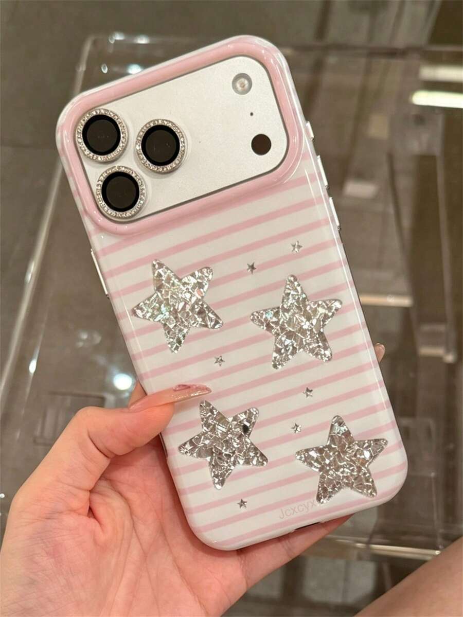 可愛亮面星星愛心粉白條紋手機殼，適用於 iPhone 17 Pro Max 17 Pro 17 16 Pro Max 16 Pro 16 15 Pro Max 15 Pro 14 Pro Max 14 Pro 13 12 Pro Max 11，時尚亮片紋理創意保護後蓋