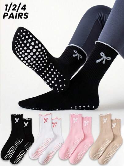 1/24 Pairs Women's Sports Socks, Fitness Yoga Socks, Professional Non-Slip Long Tube Socks With Lace Bow, For Fitness, Workout, Running, Pilates
