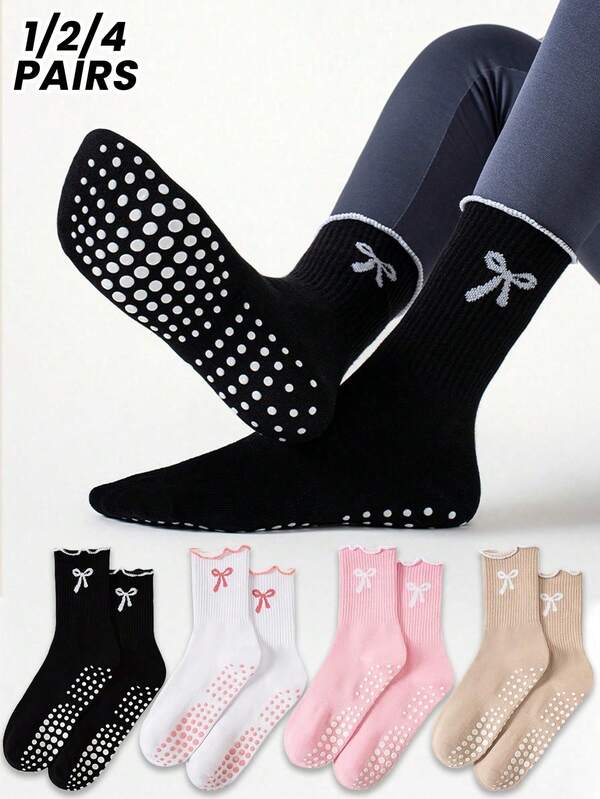 1/24 Pares de Meias Desportivas para Mulher, Meias de Fitness e Ioga, Meias Longas Profissionais Antiderrapantes com Laço de Renda, para Fitness, Treino, Corrida e Pilates