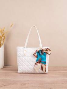 1 pieza Bolso tote acolchado con bordado de diamantes, gran capacidad, ligero y versátil, con decoración de bufanda, adecuado para ir al trabajo - Blanco - Ver 3