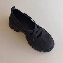 Retro Round-Toe Mary Jane Shoes, Thick Platform Sole, Versatile, Criss-Cross Straps, Soft Leather, Ballerina Style, Small Leather Shoes - Black - View 4