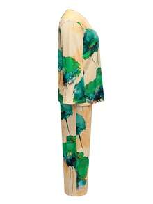 Conjunto de top de cuello redondo y pantalones con estampado energético para mujer de talla grande, elegante - Verde - Ver 3