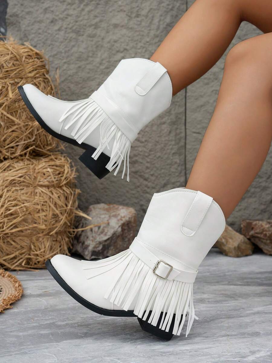 Women's Buckle Design Tassel Decor Pointed Toe Chunky Heel Western Boots Autumn/Winter New White Faux Leather Ankle Boots - White - View 1
