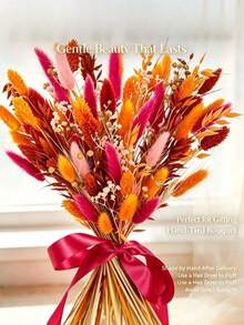 1 Bunch Orange Pink Artificial Fluffy Rabbit Tail Grass And Leaves, Low Maintenance Faux Floral, Suitable For Wedding Centerpiece Decoration, Autumn/Winter Holiday Decor - Orange-red - View 7