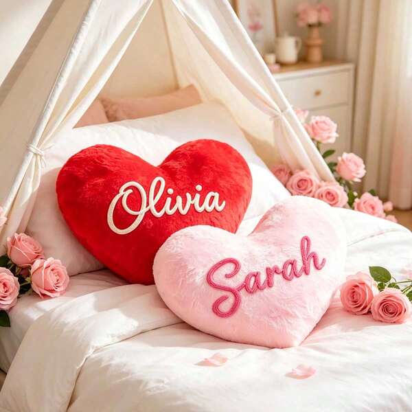 CFUNIQ 1pc Customized Name Pajama Party Pillow, Personalized Heart-Shaped Pillow, Pajama Party Gift, Room Decor. Heart-Shaped Plush Pillow, Customized Name Cushion, Suitable For Sleep And Overnight Parties. Heart-Shaped Pillow, Gift For Mom.