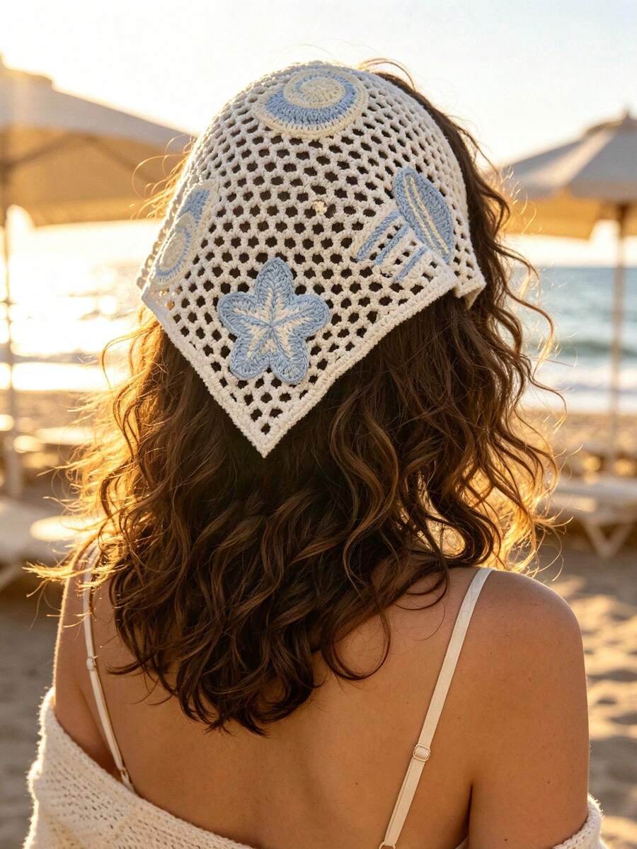 1件夏季度假休閒藍白鏤空海星水母針織綁帶方巾,適合海灘穿搭 - 藍白色 - 查看 1