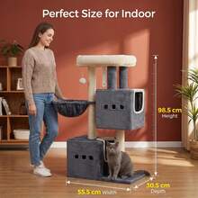 HaluPeit Monochrome Dark Gray Double Cave Cat Tree Style Cat Climbing Frame, 3 Thick Sisal Columns, Grand View Platform, Suitable For Small Apartments - Dark Grey - View 5