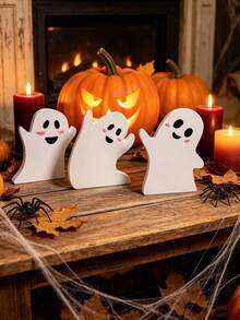 3 Sets Of Halloween Ghost Decorations-Cute Indoor Ghost Decorations,PVC Multi-Layer Tray Decoration Table Cards Set,Halloween Table Decorations For Witches Brooms,Pumpkins,Bats,Suitable For Party,Home Shelves Display,Birthday Gifts,Room Decor - A - View 7